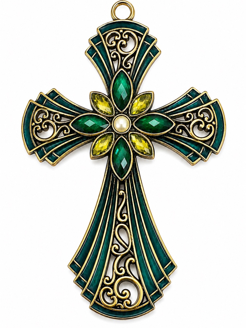 Decorative Jeweled Cross Ornament Green Gold Filigree 7” Religious Décor